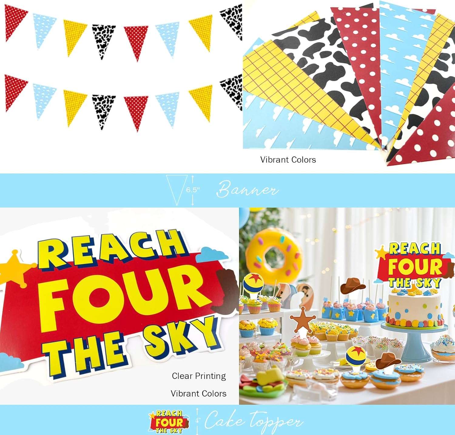 Reach for the Sky Birthday Decorations, 121 PCs - Toy Inspired Story 4th Birthday Party Supplies with Blue Cloud Backdrop, Balloon garland, Four Cake Topper